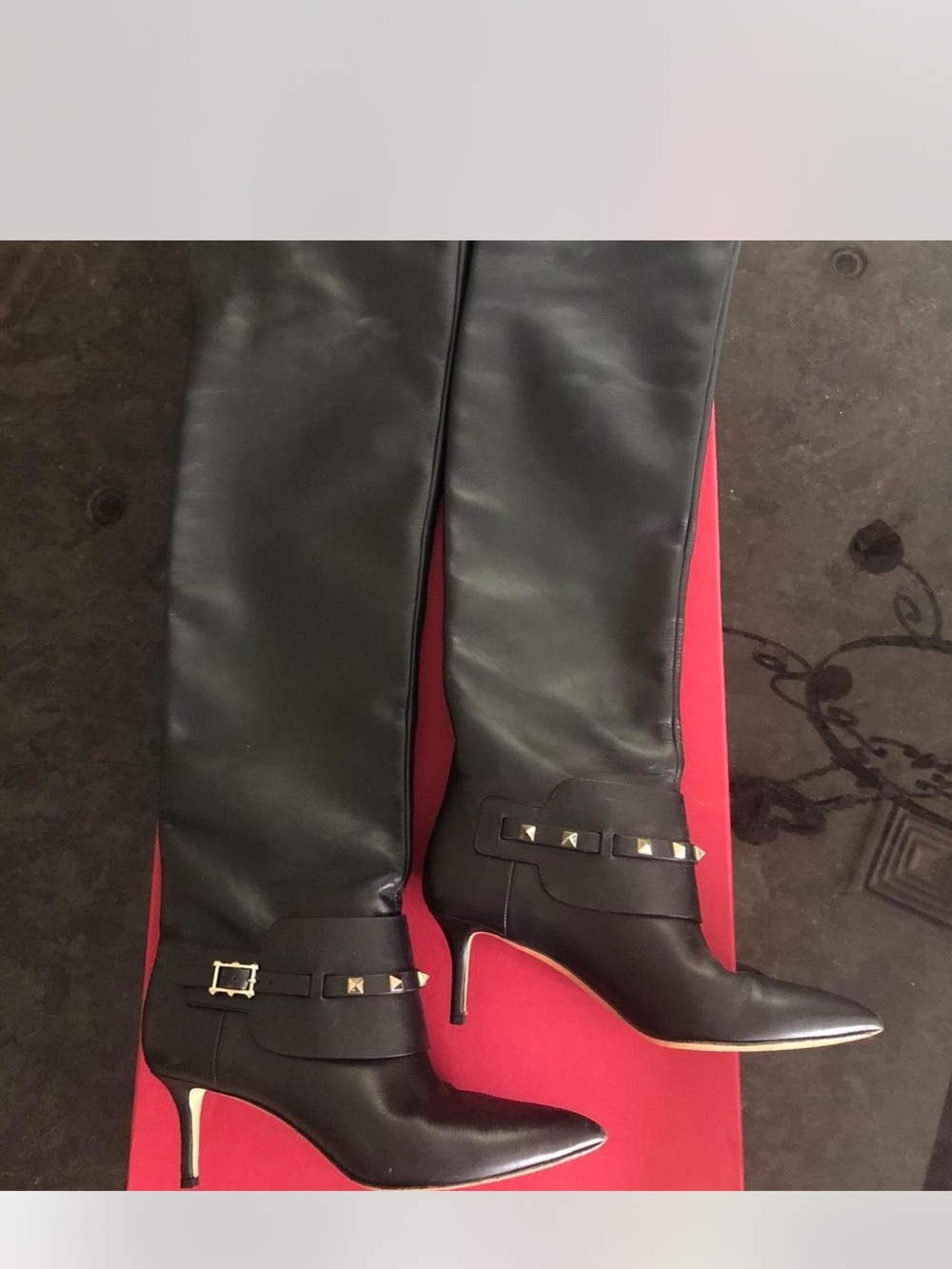 Valentino Garavani Black Leather Over-the-Knee Stiletto Boots with Gold Studs